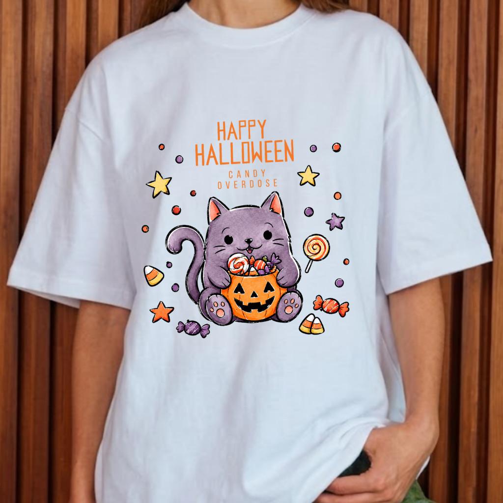 Spooky Cat Candy Tee Happy Halloween Trick Or Treat Unisex Graphic T-Shirt