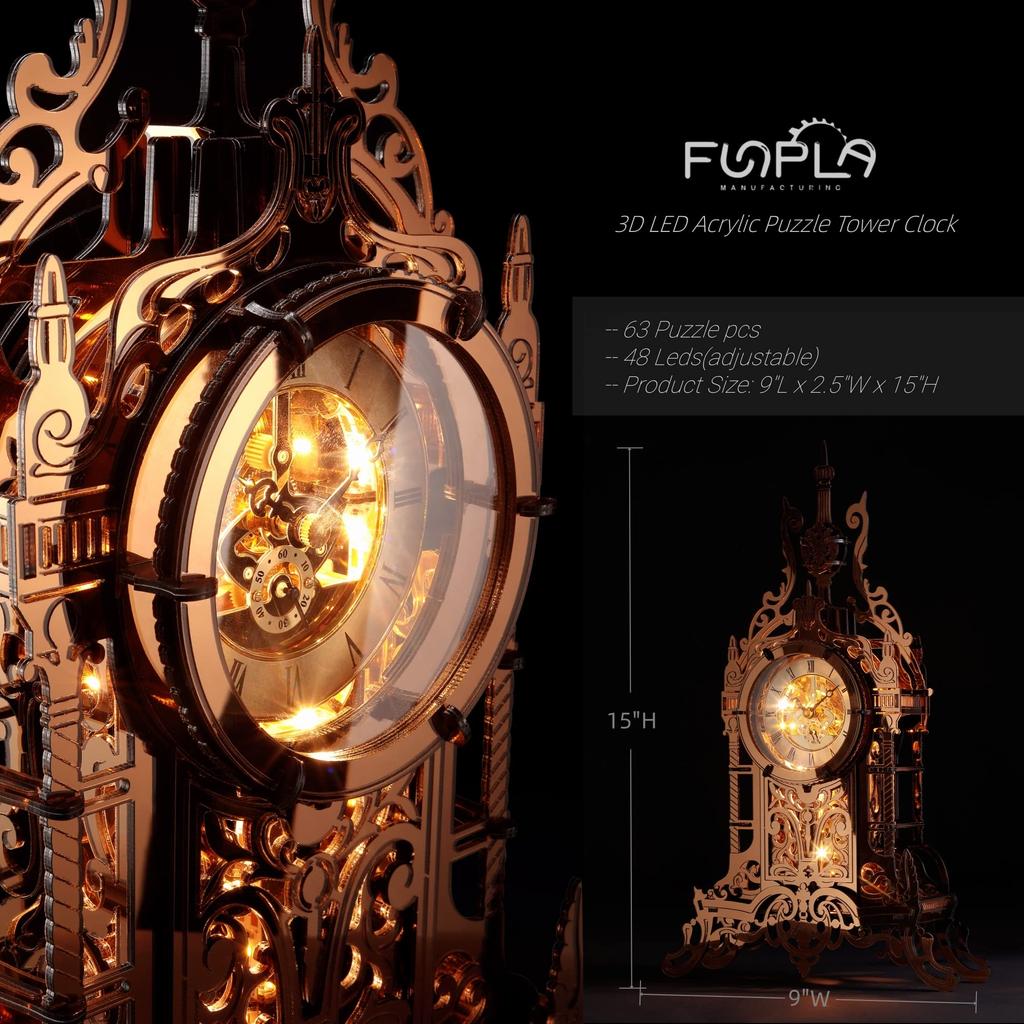 FUNPOLA 3D Puzzle Acrylic 3D Puzzle LED Metal Puzzle Clock Tower Building Model Clock Table Clock Handmade for Kids and Adults Home Decoration with