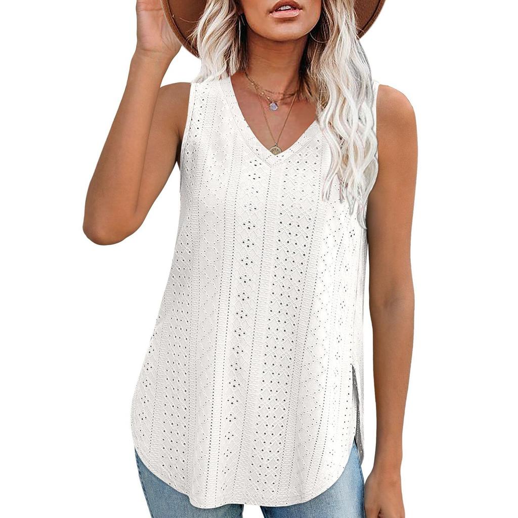 GMXIA Spring Summer V-neck Vest Sleeveless Hole Jacquard Top Casual Vest Women