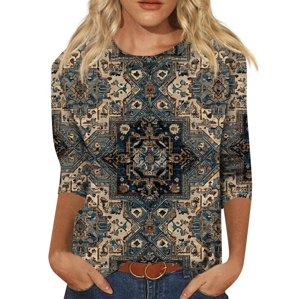 Trendy Vintage 3/4 Sleeve Top For Women,Ladies Casual Three Quarter Sleeve Round Collar Printed T-Shirt Blouse