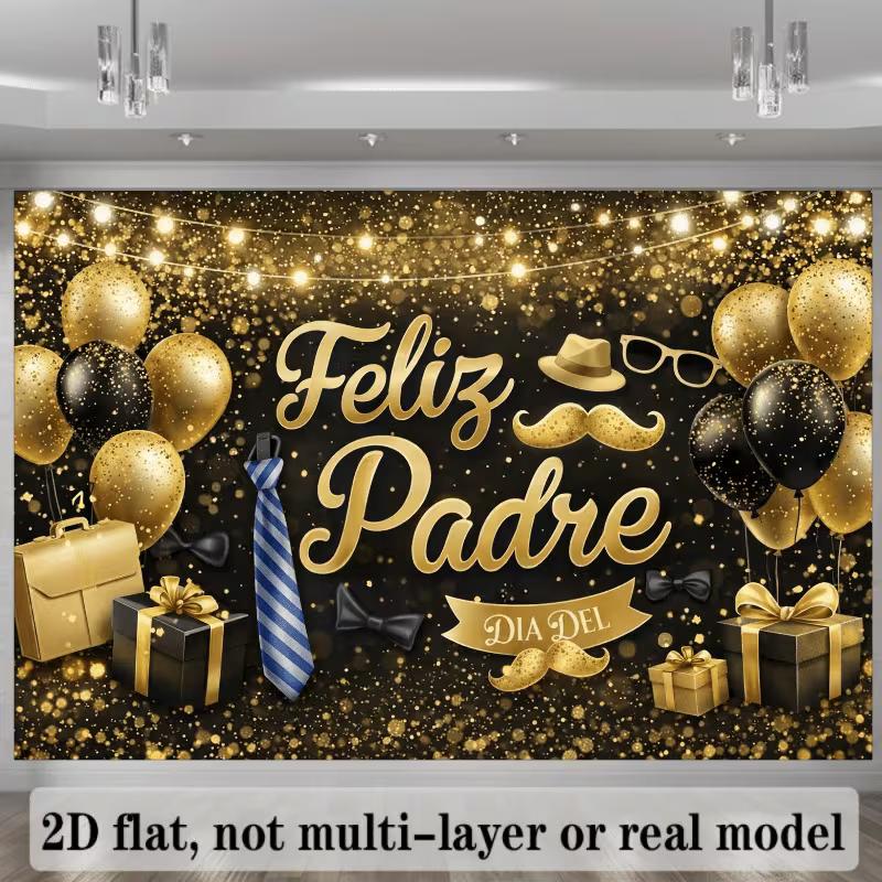 2D Black Gold Father's Day Backdrop, Feliz Padre Tie & Balloon Photography Background