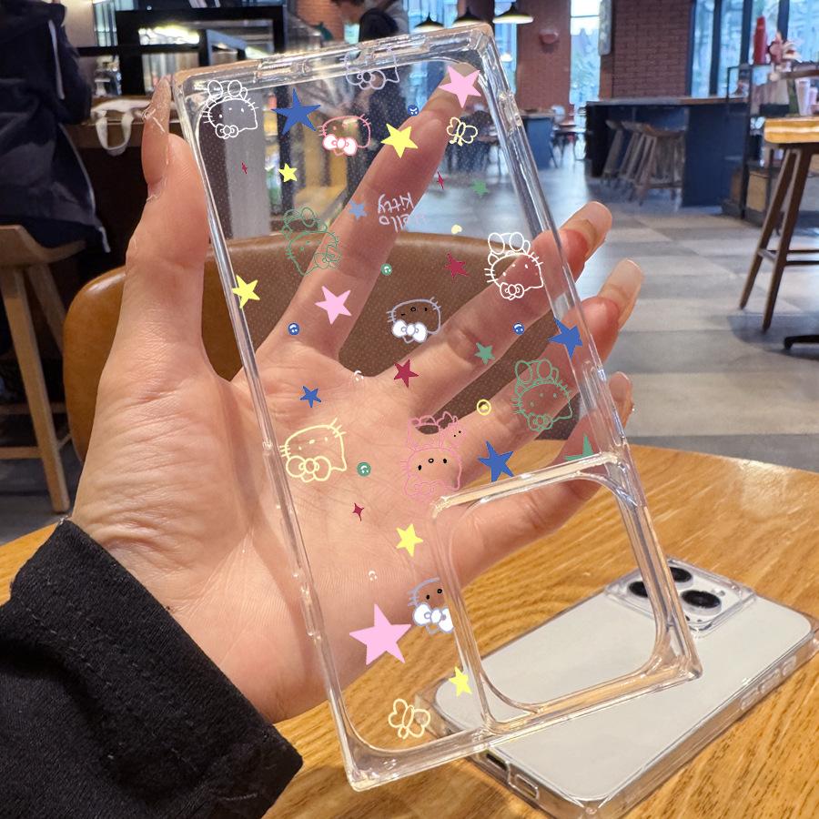 Простой и прозрачный чехол Hello Kitty для iPhone 15 с нарисованными линиями 14 Plus 13 Pro Max 12 11 прямоугольные края 16 promax