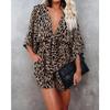 Women Holiday Leopard Print Casual Long Sleeve Depp V Neck Loose Jumpsuit