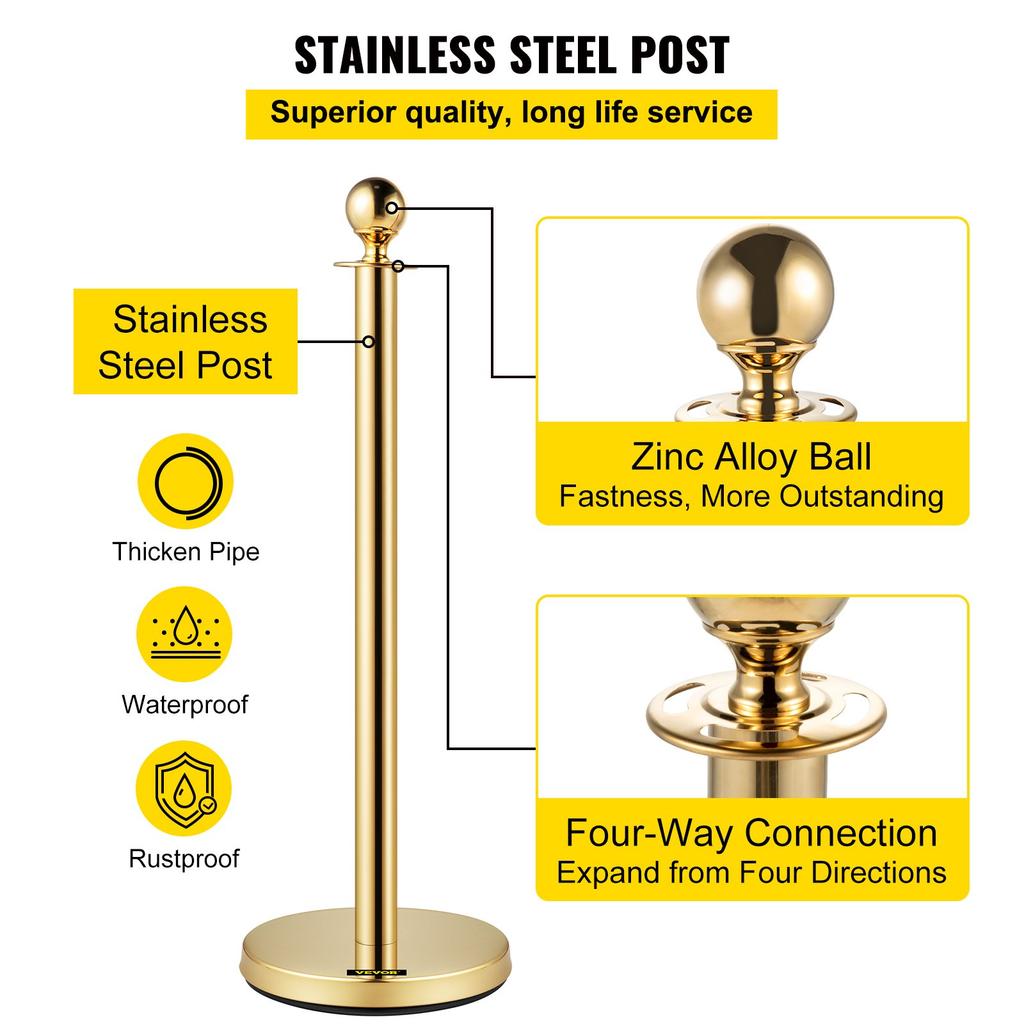 VEVOR Velvet Ropes and Posts, 5 ft/1.5 m Red Rope, Stainless Steel Gold Stanchion with Ball Top, Red Crowd Control Barrier Used for Theaters, Party
