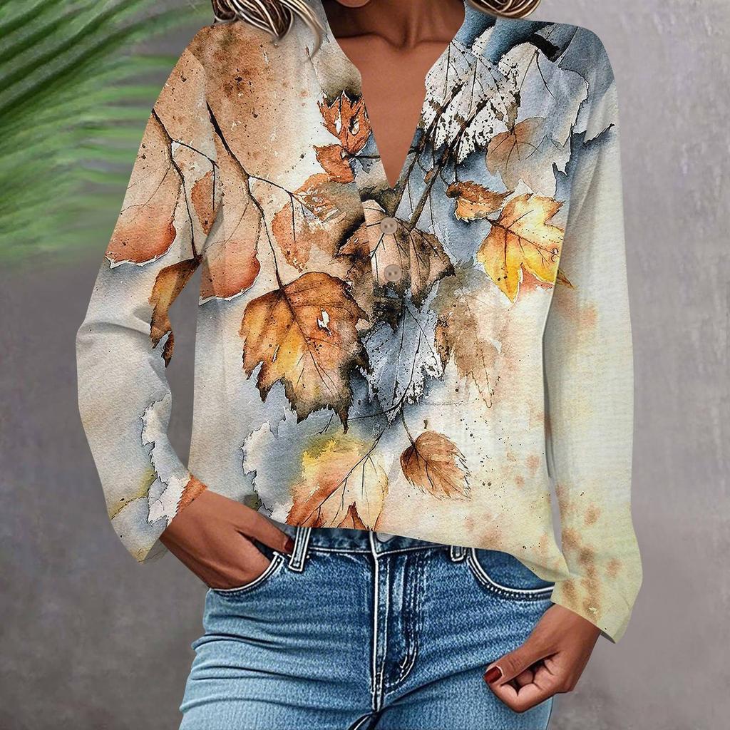 Женская модная и повседневная рубашка с длинным рукавом, V-образным вырезом, на пуговицах, с принтом, блузка, топ