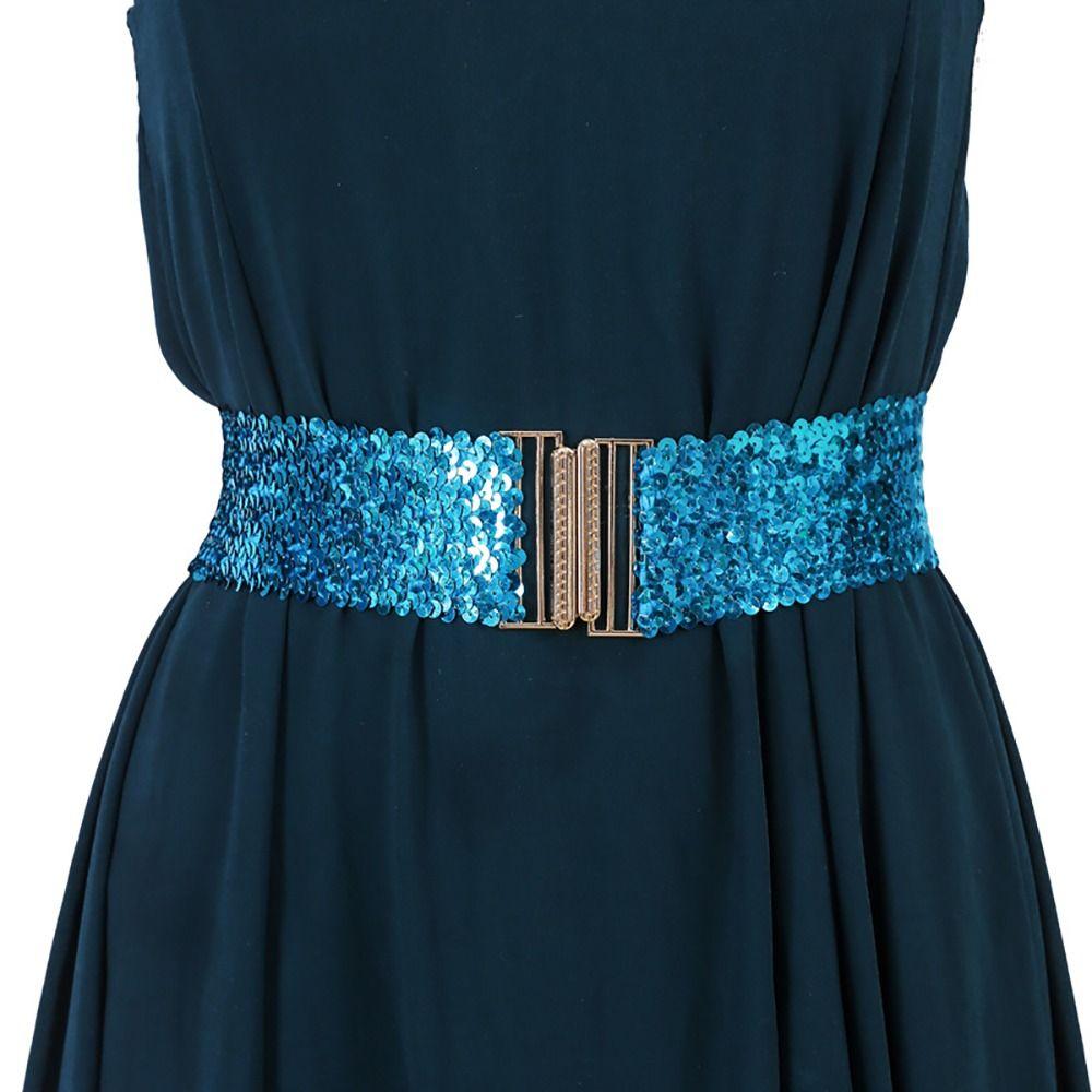 Eye Catching Shinny Waistband Gold Buckle Disc Belts Special Design Sequin Stretch Belt Women Girl
