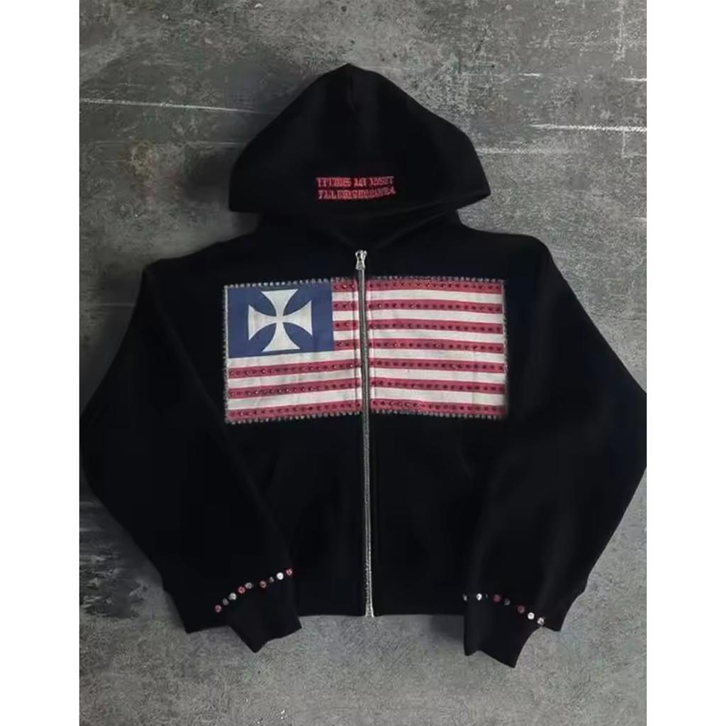 Американская мода уличная одежда готический флаг стразы вышитая молния толстовка с капюшоном Y2k сращивание большой свободный хлопковый свитшот