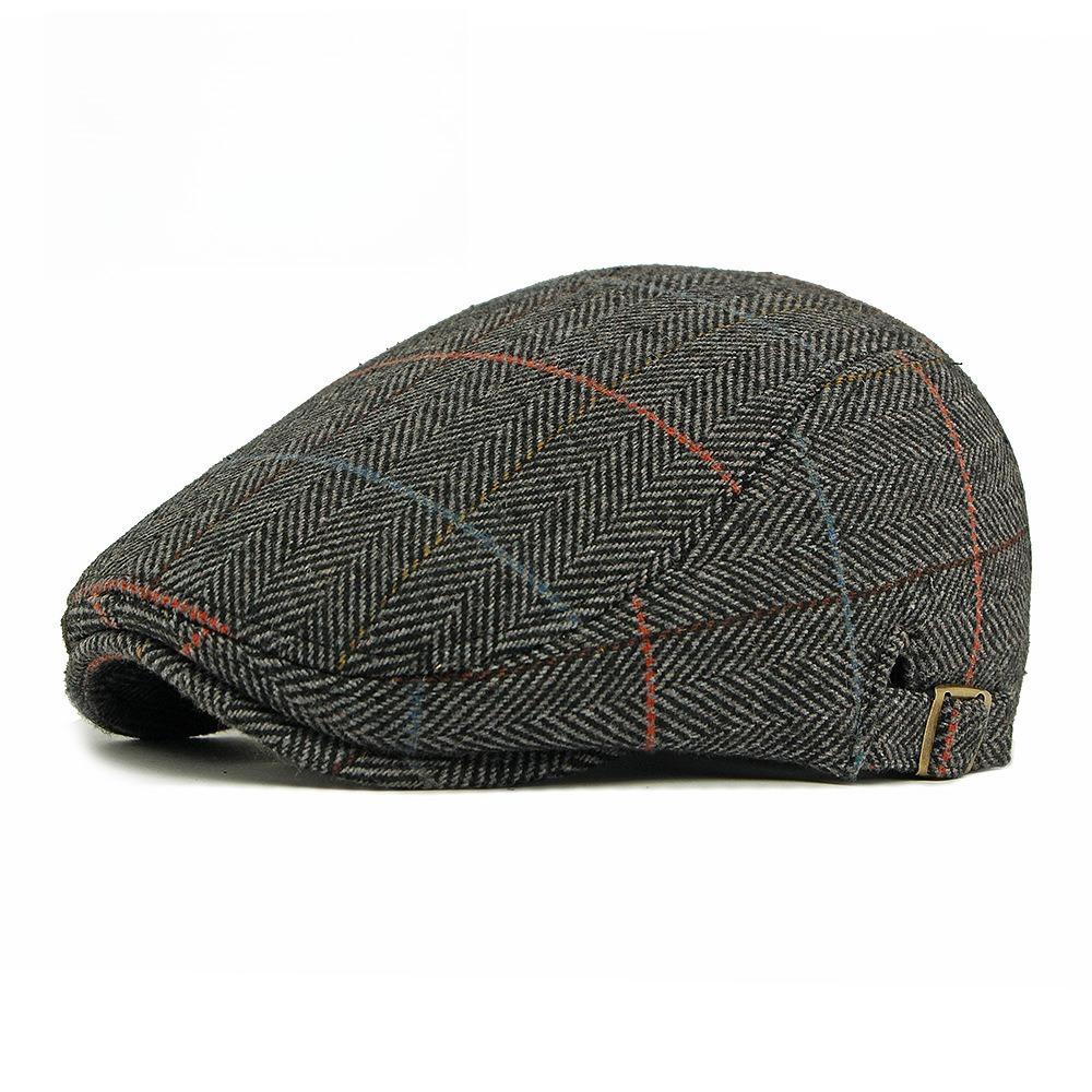 Men's Herringbone Plaid Woolen Flat Cap Fleece Lined Winter Warm Ivy Cap British Retro Gatsby Cabbie Hat Adjustable Strap