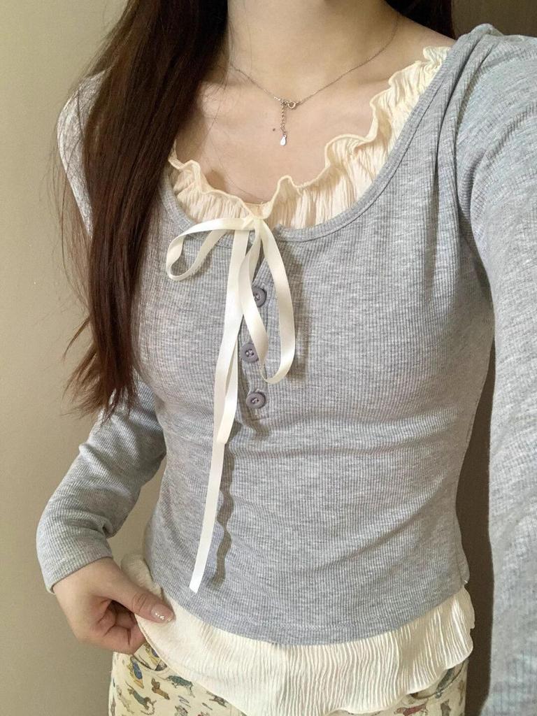 Autumn 2024 Women's Slim-Fit Two-Piece Long-Sleeve Chic Layered T-Shirt