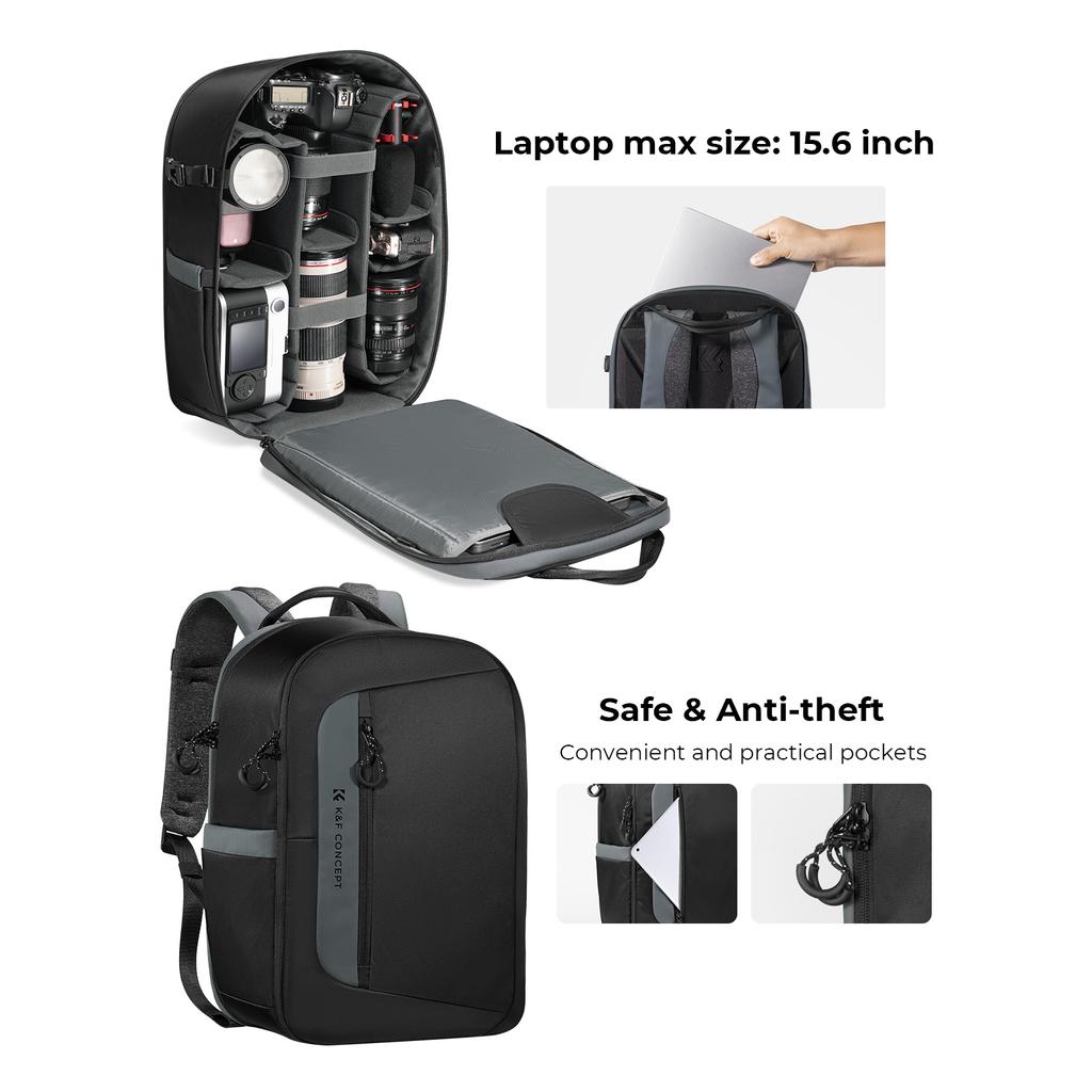 K&F CONCEPT KF13.158 Рюкзак для камеры, сумка для хранения фотографий, открывается сбоку, подходит для ноутбука 15,6 дюйма