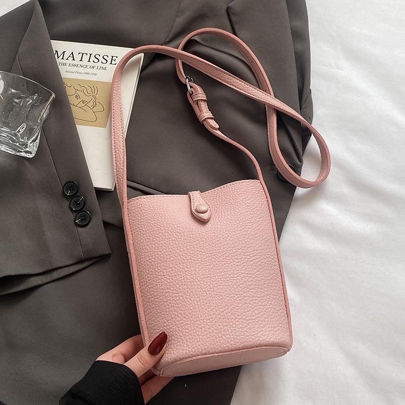 Korean Version of Casual Macaron Color Simple Lychee Pattern Mobile Phone Bag Female Versatile Commuter Foreign Style Messenger Bucket Bag