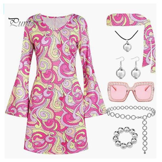 1 комплект, женское платье, комплект с повязкой на голову, ретро с пайетками и рукавами-колокольчиками, свободный крой, с принтом, Хэллоуин, косплей, хиппи, дискотека, танцевальная вечеринка, бронзовое вечернее платье