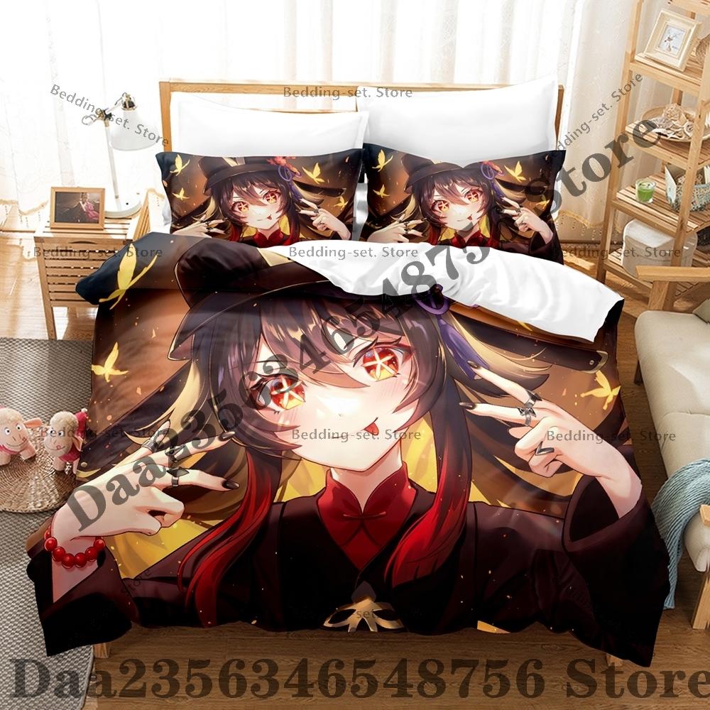 Set de așternuturi Anime Hu Tao Personalitate Ani Set de așternuturi din Trei Piese - Set de Plapumă de Lux cu Dimensiune Queen King Inclusiv fețe de pernă