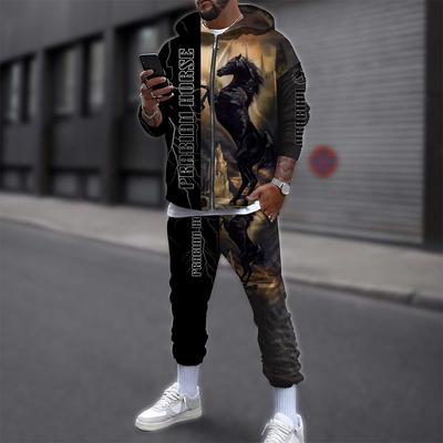 Спортивный костюм с 3D толстовкой с рисунком лошади и животного, Мужская забавная уличная куртка с капюшоном и костюм на молнии, комплекты с длинными рукавами
