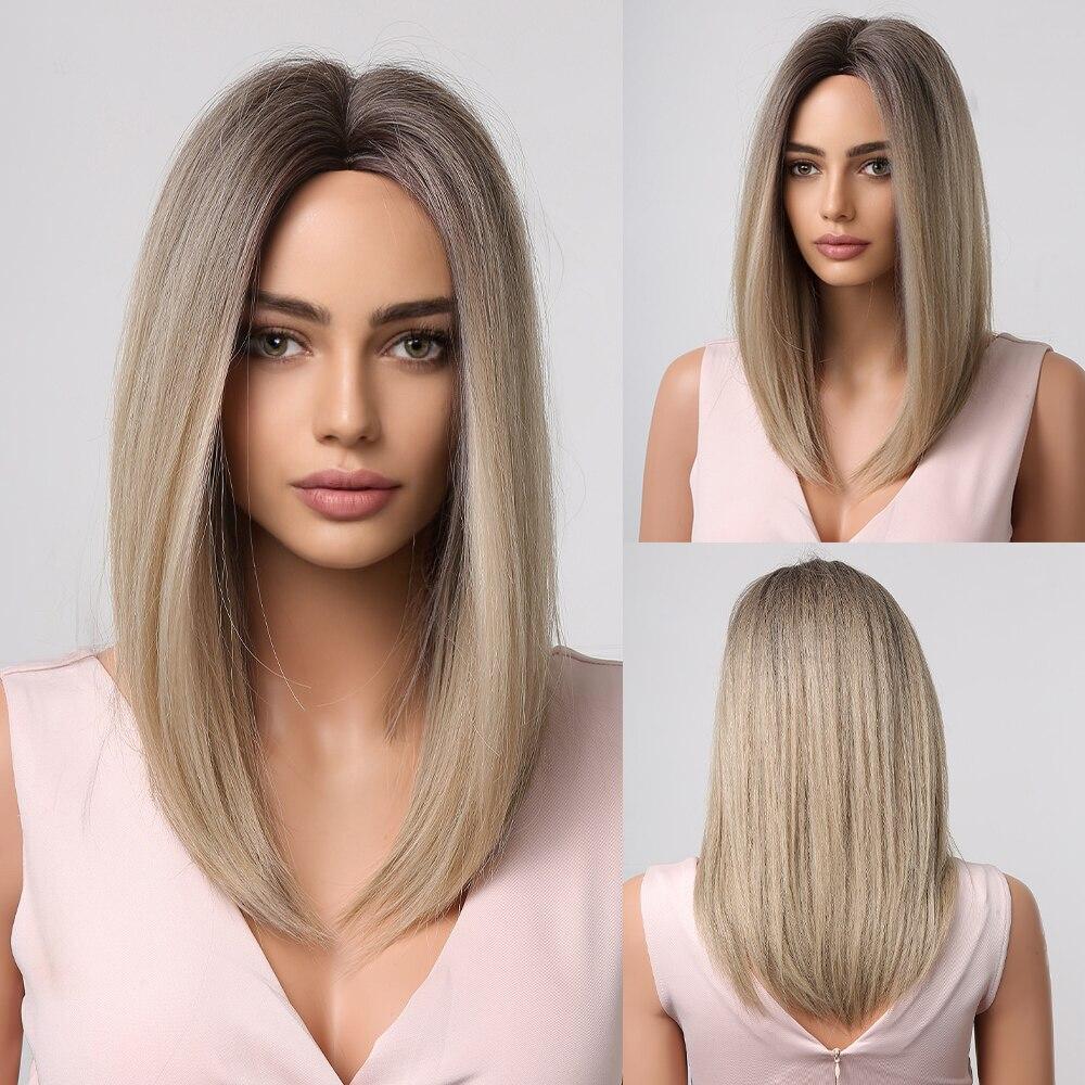 EASIHAIR Medium Length Red Ombre Synthetic Natural Wigs Middle Part for Women Daily Cosplay Use Heat Resistant Fiber Hair Wigs