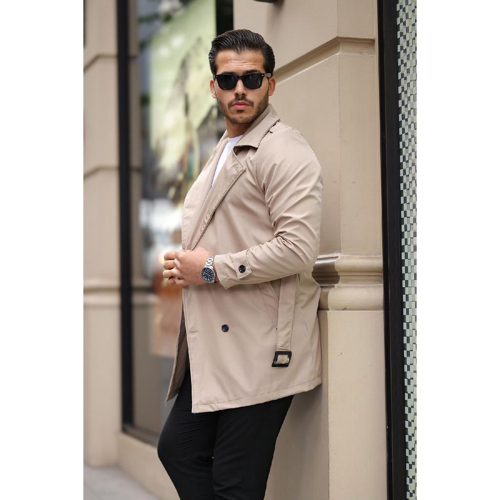 Мужской черный водо- и ветрозащитный плащ с поясом, верхнее пальто