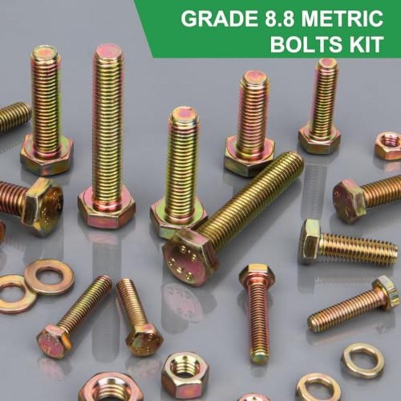 907pcs Grade 8.8 Metric Bolt and Nut Assortment Kit Featuring M4 M5 M6 M8 Sizes with Yellow Zinc Plating for Heavy Duty Applica