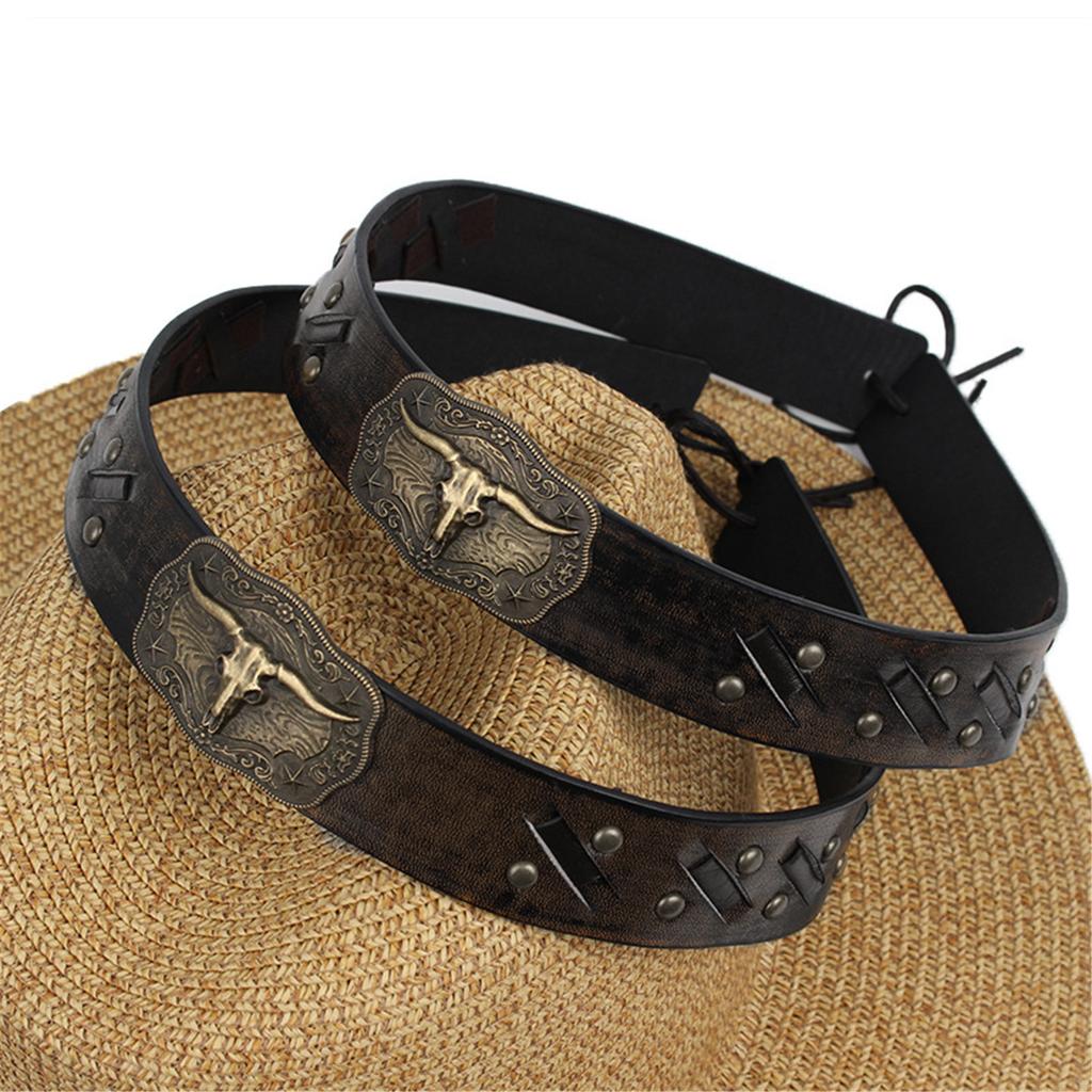 Cowboy Hat Band for Adult with Bull Head Buckle Vintage Ethnic Panama Cap Band for Women Men Fedora Hat Accessories