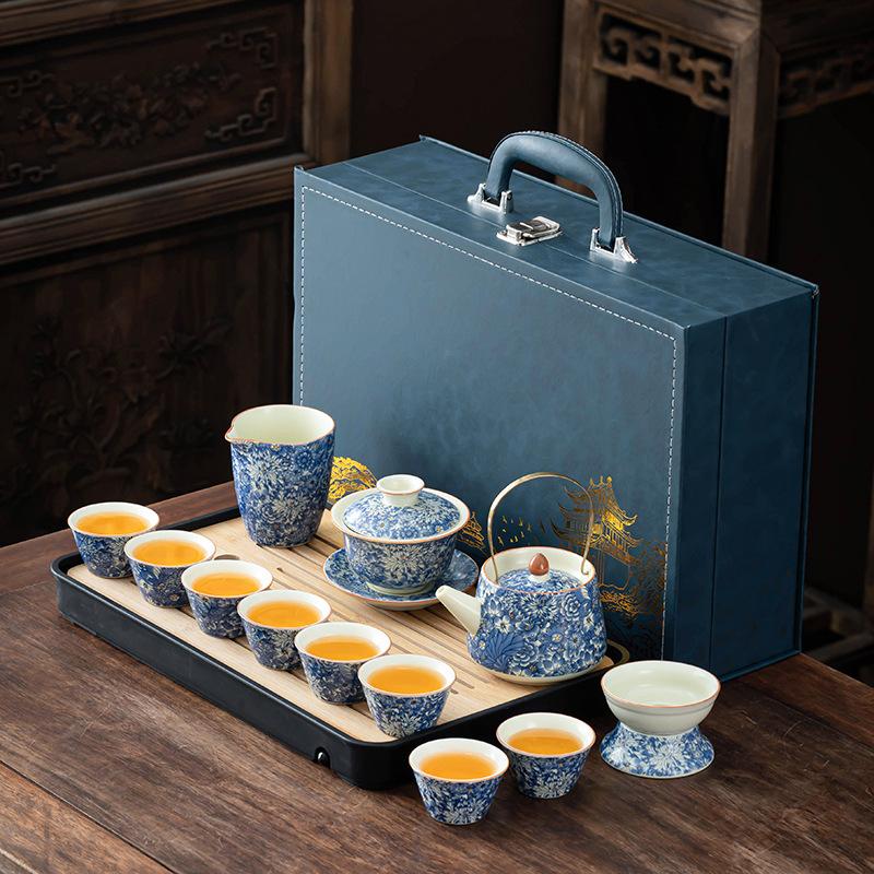 Flower tea set, home office tea reception, retro Ru kiln can open teacup gifts