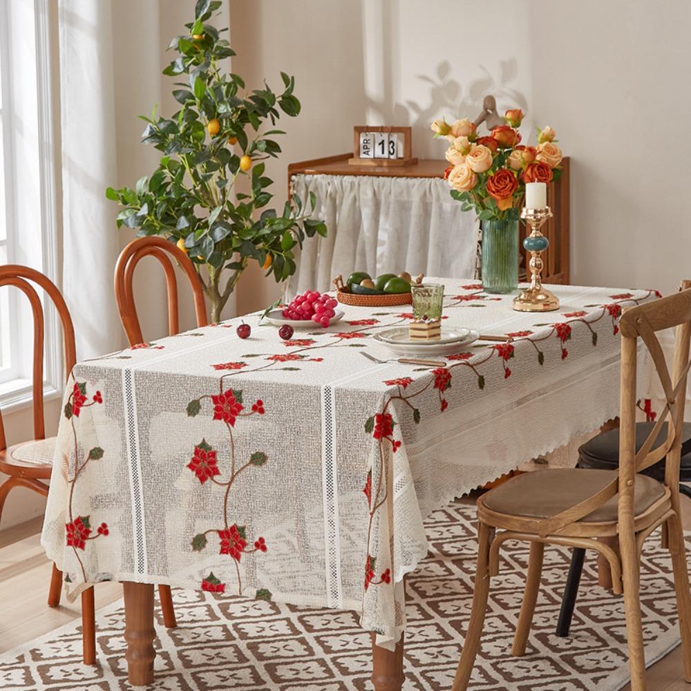 Flower Embroidery Table Cover Beige Table Runner Christmas Lace Tablecloth Table Decorations