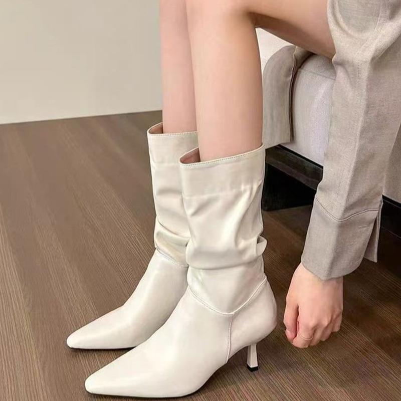 Модные женские ботинки до середины икры с острым носком, кожаные, сексуальные, на высоком каблуке, плиссированные туфли, женский тренд 2024, зимние элегантные туфли-лодочки Mujer Botas