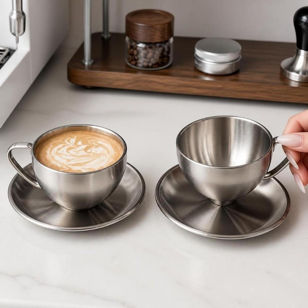 Double Walled Coffee Cup Set Stainless Steel Cup Saucer Set Exquisite Tea Mug Household Coffee