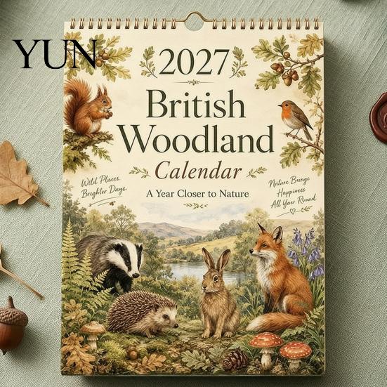 Gift for Students 2027 British Woodland Calendar, 12 Month Hanging Planner, Thick Yearly Event Planner Paper Desk Calendar Home Office And Daily