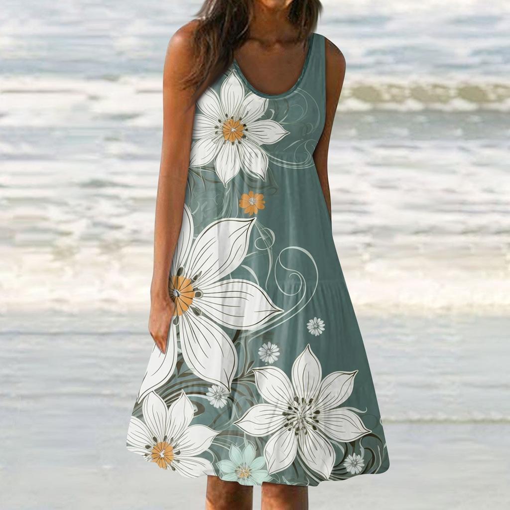 Женские платья-жилеты Лето-весна Плиссированные богемные платья Симпатичные струящиеся пляжные платья без рукавов Прямая футболка Платья-майки Платья с круглым вырезом