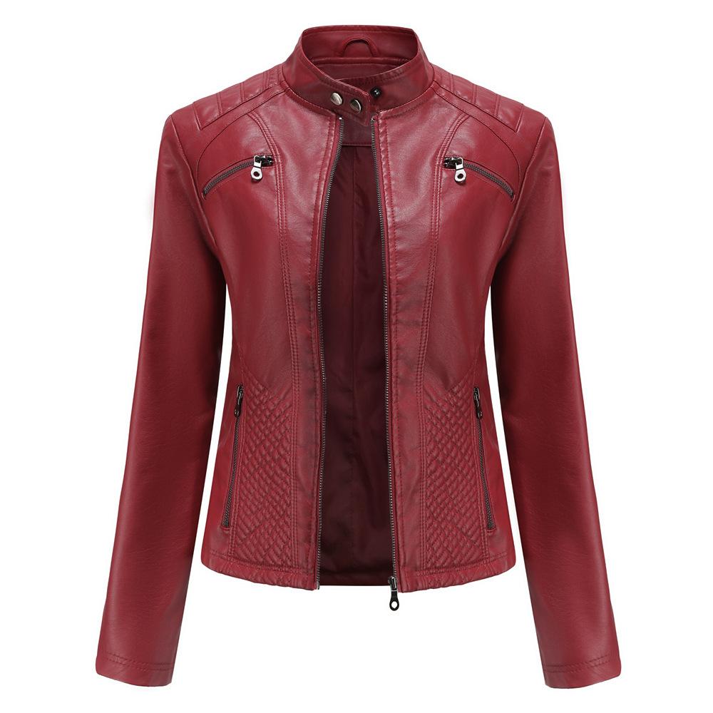 Ladies Autumn Winter Stand Collar Long Sleeve Slim Leather Pu Jacket S-3XL