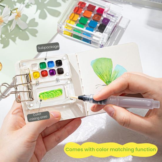 Mini Watercolor Kit Travel Watercolor Paint Set with Sketchbook Binder Clip Pen Portable Watercolor Palette with 12/24 Color Paints for Beginners