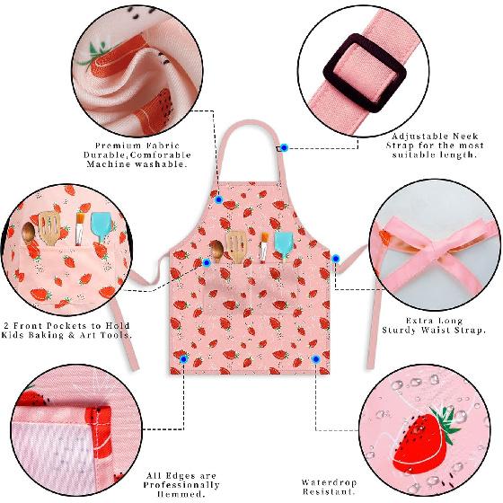 Kids Chef Hat and Apron, Adjustable Kids Aprons with Pocket Girls Boys Kitchen Toddler Aprons for Cooking Baking