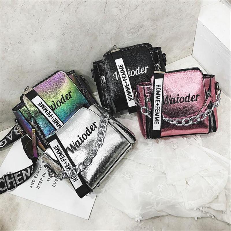 Модные женские сумки с надписью, широким ремнем и цепочками, на плечо и через плечо, CLE