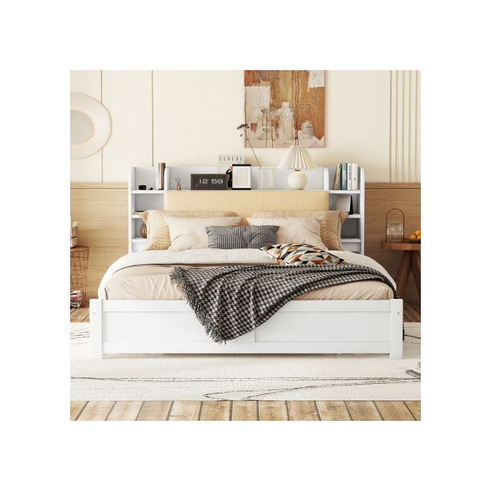 Lit - 180x200 cm - Tête de lit relevable - 4 tiroirs - Rangement intégré - Blanc