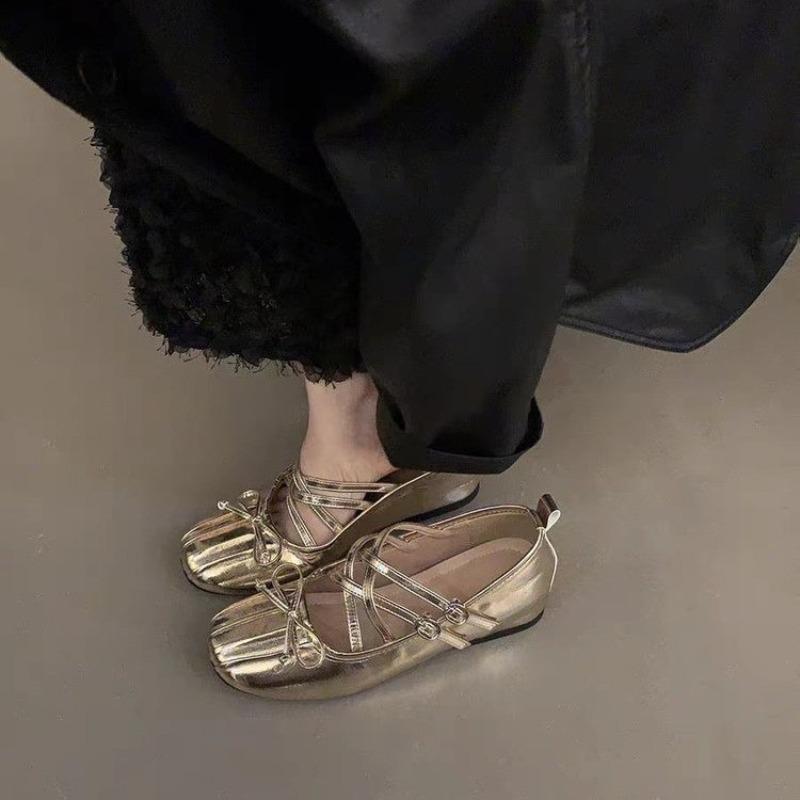 Fashion Autumn New Inner Elevating Flat Shoes Women's Square Head Shallow Mouth Butterfly Knot Line with Soft Sole Single Shoes