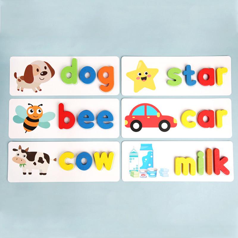 Wooden Alphabet Letter Learning Cards Word Spelling Practice Game Toy English Letters Spelling Card