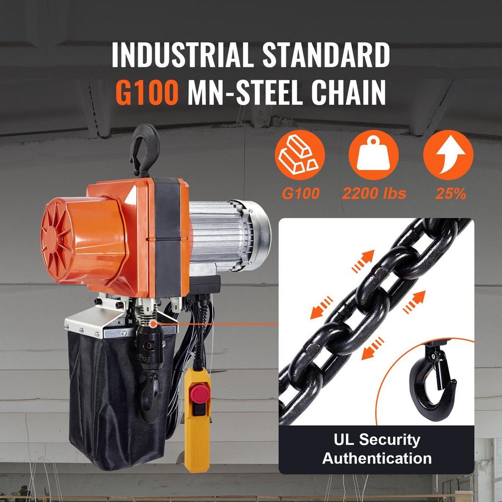 Electric Chain Hoist Single Phase Crane Hoist 2200 lbs Load 10 ft Lifting