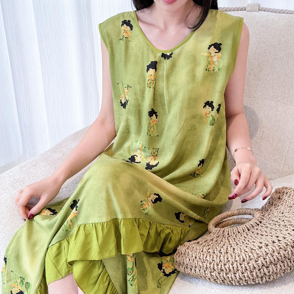 Holiday style sleeveless floral nightdress women's summer thin cotton and silk lotus leaf edge medium and long can be worn outside loungewear pajamas