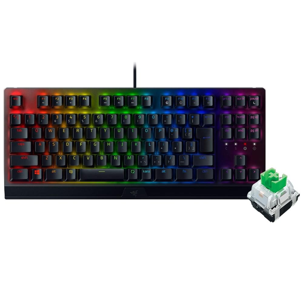 Razer Игровая клавиатура Tenkeyless BlackWidow V3 Tenkeyless JP - зеленый переключатель, механическая зеленая ось, прозрачный корпус, Chroma RGB, высокопрочный алюминиевый верх