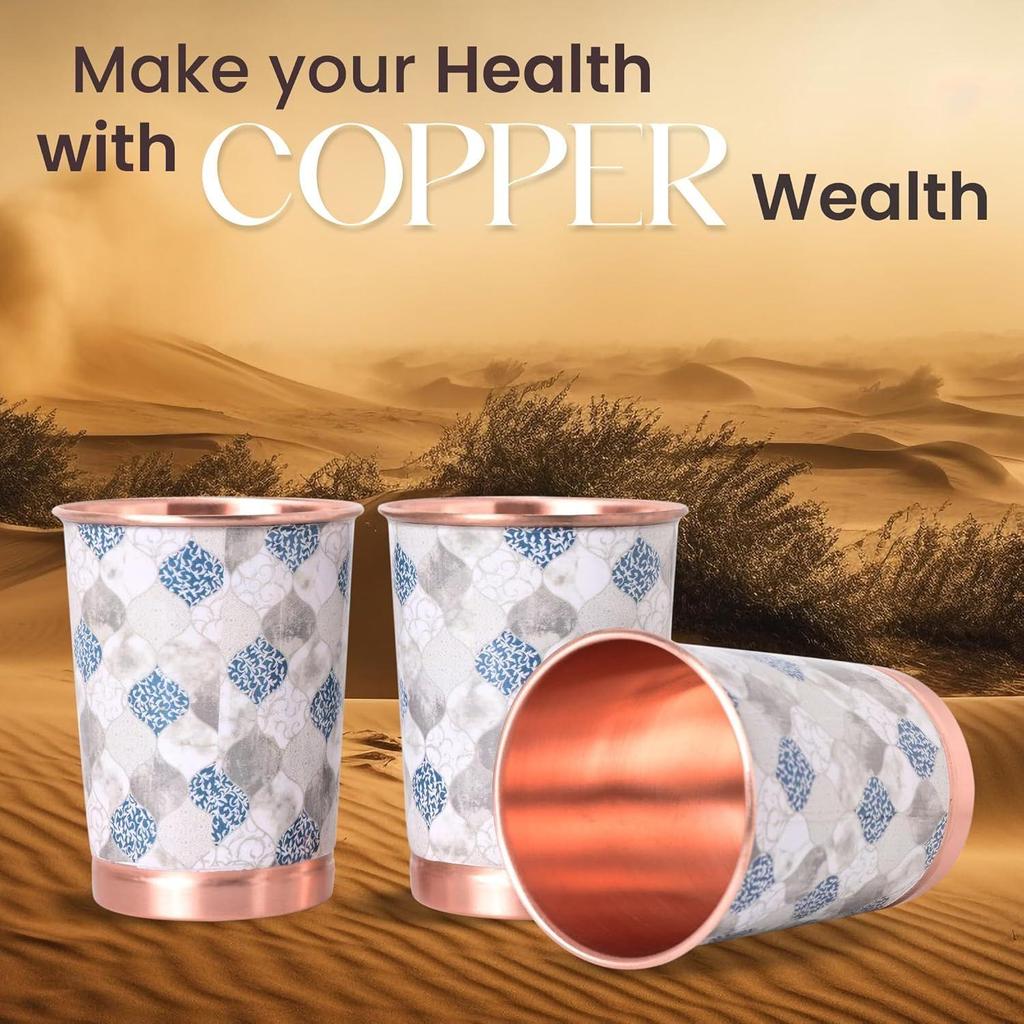 New Copper Printed Design 250ML Water Glass with Rust Proof Protection for Home and Office Use Ayurveda and Yoga Health Benefits Glass Set of 6