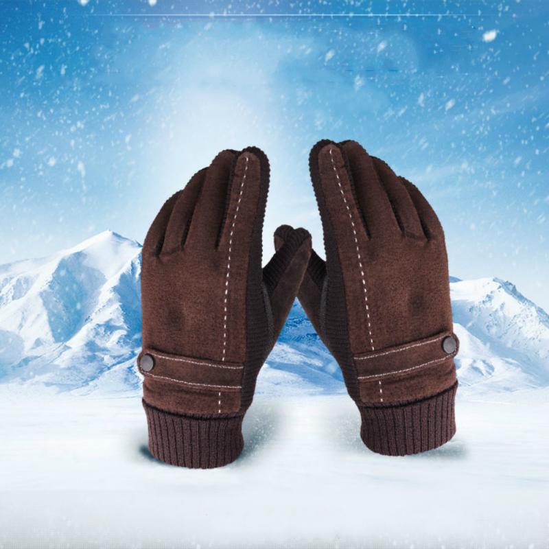 Зимние теплые варежки мужские для велоспорта, утолщенные плюшевые, на запястье, сенсорный экран, замшевая ткань, перчатки для вождения