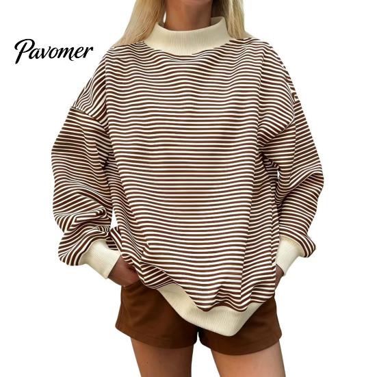 Sporty Workout Tops Women Mock Neck Striped Sweatshirt, Oversized Long Sleeve Pullover Top for Fall, Casual Half Turtleneck Shirt with Ribbed Cuffs