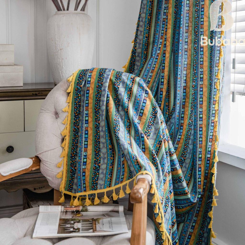 Красные богемные полосатые хлопково-льняные шторы для гостиной - Ретро стиль