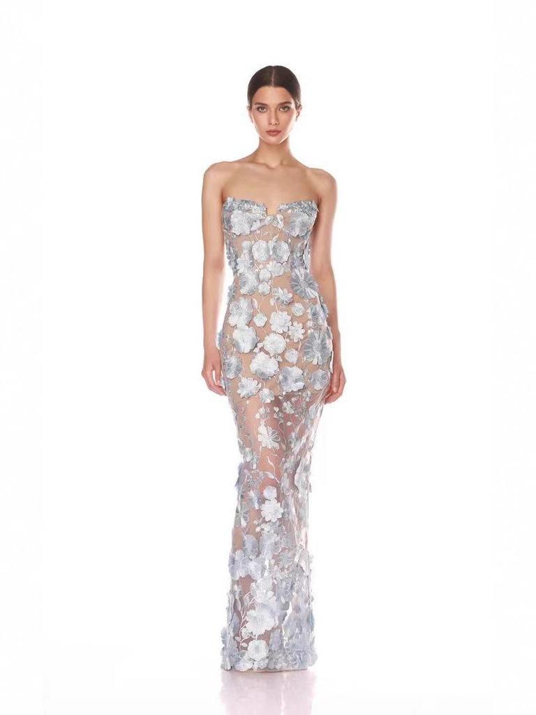 Европейский и американский дизайн Синее вечернее платье без бретелек с 3D-цветочными деталями