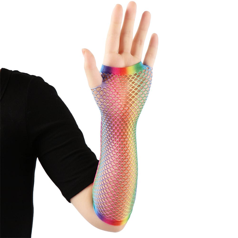 Fashion Wedding Party Colorful Disco Dance Hollow Out Holes Gloves Fingerless Mesh Net Rainbow