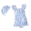 Yolrky Kids' Girls' One-Piece Floral Swimsuit with Ribbon and Cap (130)