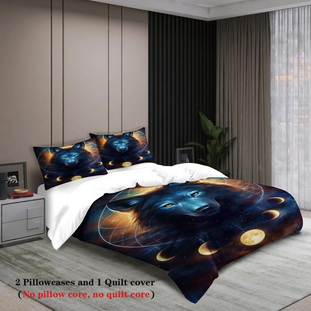 3pcs Mystic Blue Wolf Moon Phase Print Duvet Cover Set – for Kids Gift 100%Polyester, Soft, Breathable for Bedroom Decoration