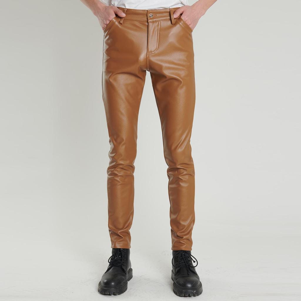 Men's Korean Style Slim Fit Motorcycle Leather Pants - Fleece-Lined, Skinny, Elastic, Spring/Autumn Trend