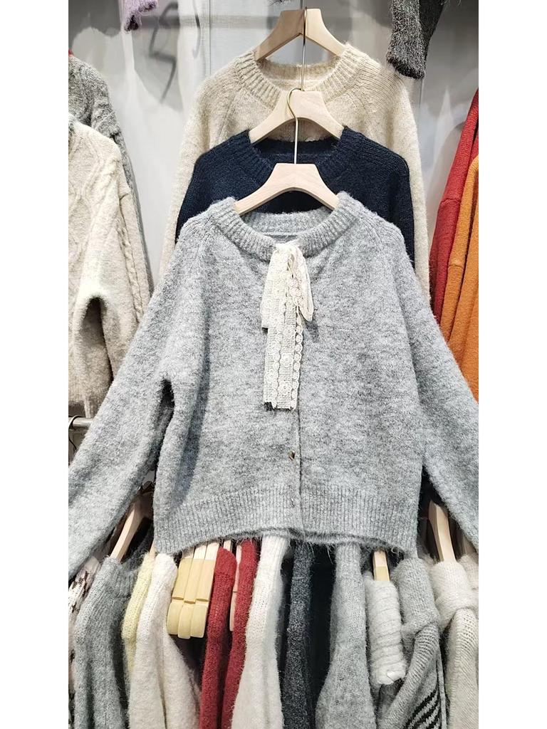 Korean Style Lace-Up Round Neck Sweater Coat - Women's Autumn/Winter Loose-Fit Knitted Cardigan