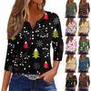 Женская модная повседневная футболка с пуговицами, V-образным вырезом, семью рукавами и рождественским принтом