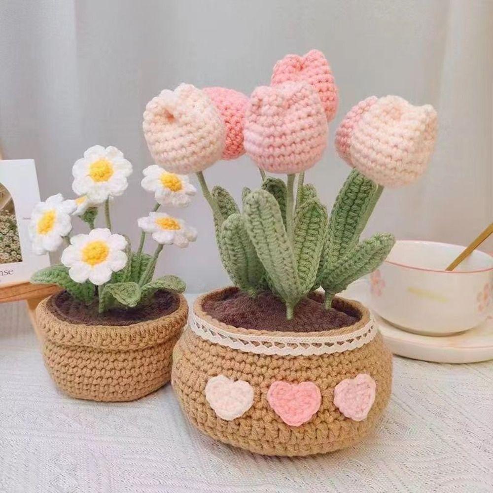 Handmade Woolen Yarn Flowers Crochet Knitting Kit No Finish Tulip Potted Flower Desktop Ornament